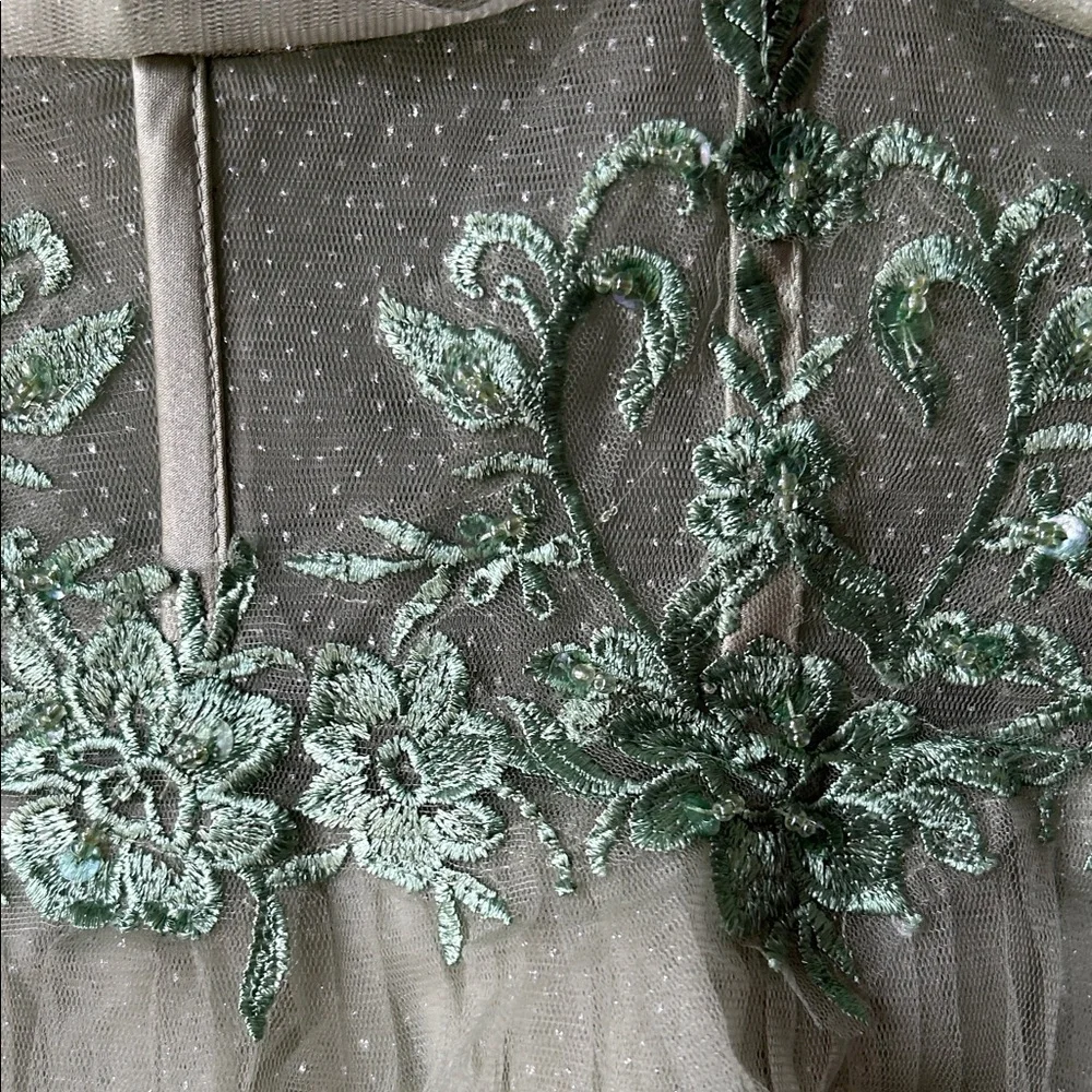 Sage Green Tulle Party Dress with Puff Sleeves - Picture 4 of 10